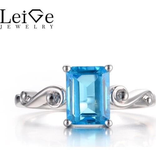 Leige Jewelry Real Swiss Blue Topaz Rings Promise Rings Emerald Cut Blue Gemstone 925 Sterling Silver November Birthstone Rings