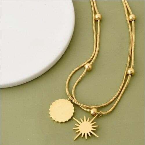 MEYRROYU Stainless Steel Gold Color Star Sun Pandent Necklaces For Women Double Layer Chokers 2021 Trendy Fashion Gift Jewelry