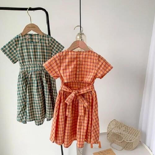 Girls Plaid Waist Tether Dress Princess Dress Summer New Childrens Clothing princess Dress Girls Dresses