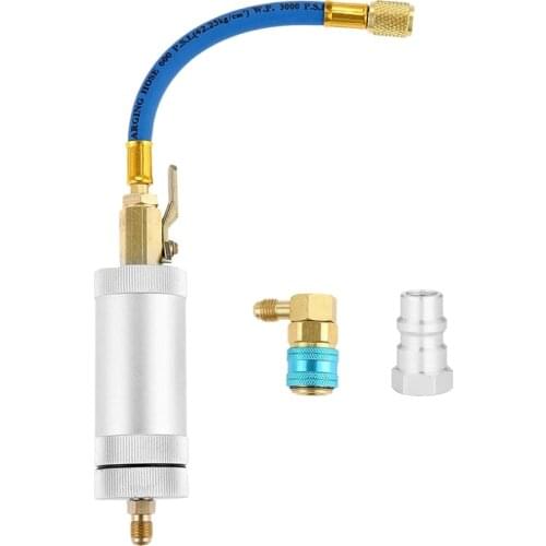 R134A Compressor Oil Dye Ejector, 1/4 inch SAE Male and Female Double-Head Refrigeration Air Conditioning Oil Filling Cylinder R