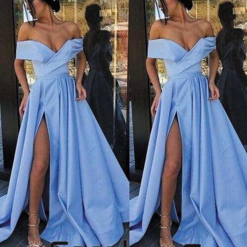 SuperKimJo Simple Blue Prom Dresses 2021 Off the Shoulder Satin Cheap Elegant Prom Gown with Side Slit Robe De Soiree
