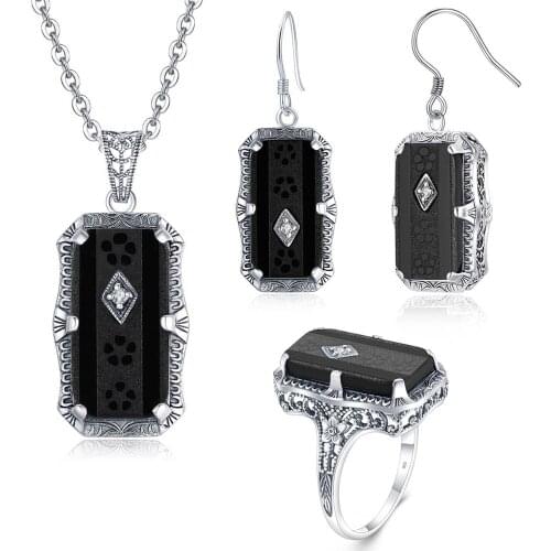 Szjinao Silver Jewelry Set For Women Retro Black Onyx Pendant Earrings Ring Set 925 Sterling Silver Fashion Jewelry Handmade New