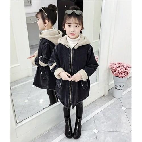 Girl plus velvet denim jacket Girl hooded casual jacket Girl fashion warm winter coat Girl thick denim jacket