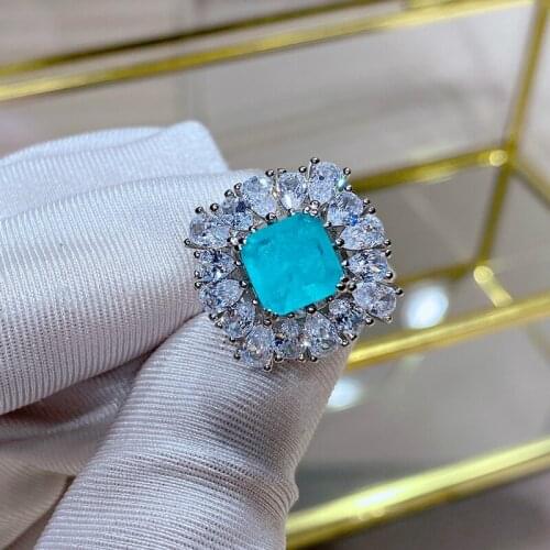 Vintage 925 Sterling Silver Rings For Women Adjustable opening 8*8MM about 3CT Emerald Paraiba Tourmaline Fine Jewelry Gifts
