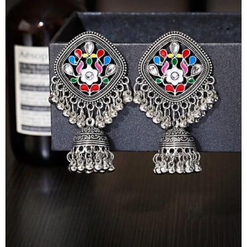 Vintage Womens Retro Flower Bollywood Oxidized Jhumka Earrings Femmes 2021 Ethnic Afghan Silver Color Geometry Drop Earrings