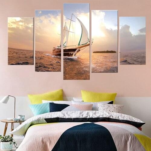 Wall Art Frame Canvas HD Print Painting Home Decor 5 Pieces Sailboat Sunshine Poster Modern Seascape Sailing Boat Picture