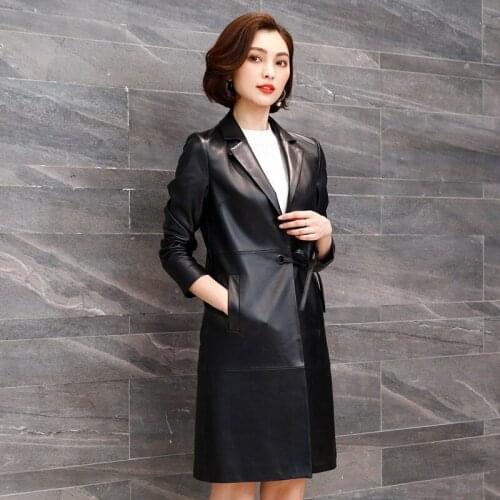 2020 Genuine Jacket Women Spring Autumn Sheepskin Coat Long Blazer Leather Jackets Womens Windbreaker F18J16051 KJ2498