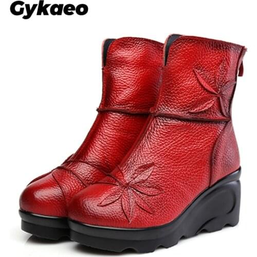 Gykaeo Folk Style Thick Warm Soled Red Boots 2020 Winter Women Genuine Leather Platform Boots Mother Casual Retro Flower Shoes