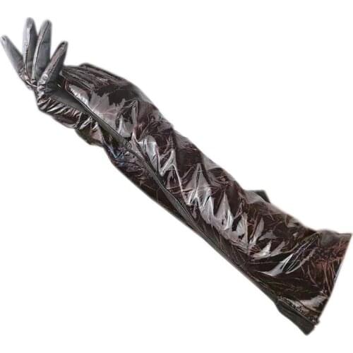 Autumn and winter ladies elbow fashion sheepskin gloves 45 cm bright leather patent leather brown long gloves silk lining 2021-0