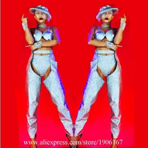 Nightclub GOGO Female Models Silver Super Shiny diamon Costumes With Hat Dance Team S Catwalk Show Event Party Clothes