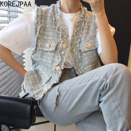 Korejpaa Women Vest 2021 Summer Korean Chic Ladies Vintage Elegant V-Neck Fringe Side Loose Single-Breasted Tweed Vest Jackets