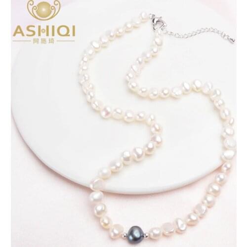 ASHIQI Real White Freshwater Pearl Necklace for Women with Pure 925 Sterling Silver Beads Handmade Jewelry Magnetic clasp