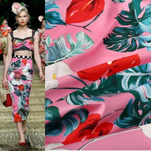 145cm*100cm Digital printed apparel diy fabric with the same anthurium Pink base cloth leaf pattern designer fabric by the yard