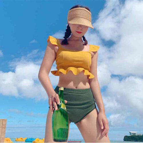 2021 Korean New Style Contrast Sling Tube Top Ruffled Hem Sexy Halter Bikini High Waist Conservative Small Fresh Swimsuit Women