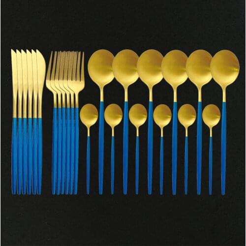 24Pcs Matte Stainless Steel Cutlery Set Dinnerware Set Blue Gold Knife Fork Spoon Silverware Kitchen Party Dinner Tableware Set