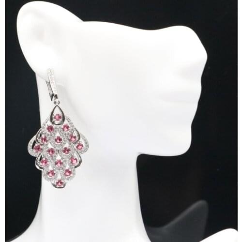 53x25mm Elegant Peacock Created Pink Raspberry Rhodolite Garnet Bright Zircon Silver Earrings for Women Drop Shipping