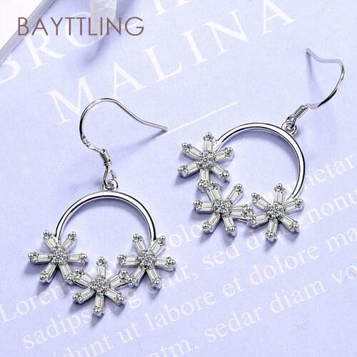 BAYTTLING 35MM 925 Sterling Silver Elegant Round Snowflake Zircon Drop Earrings For Women Fashion Wedding Jewelry Gifts