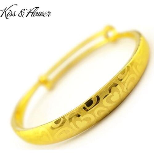 KISS&FLOWER BR63 Fine Jewelry Wholesale Fashion Woman Birthday Wedding Gift Love Pattern 24KT Gold Resizable Bracelet Bangle
