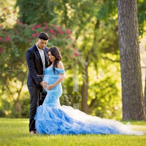 Elegant Sky Blue Off Shoulder Maternity Dresses 2021 Custom Made Mermaid Lace and Tulle Pregnant Dress Sweep Train Party Gowns