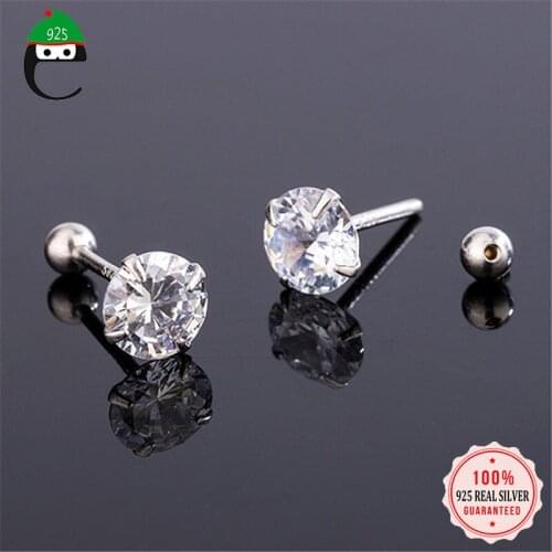 ElfoPlataSi Real 925 Sterling Silver Fashion Mini 3 4 5 6mm CZ Screw Stud Earrings For Women Wedding Mothers Day Jewelry DA2045