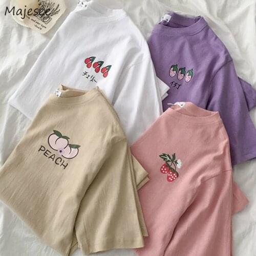T-shirts Women Fruit Print Teenage O-neck Minimalist Kawaii Ulzzang Streetwear Preppy Style New Trends Womens Clothes All-match