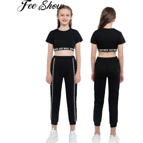 Girls Cotton Running Suits Sport workout Clothes Sets Two Pieces Gym Tracksuits Sportswear Short Sleeve Top Low Waist Leggings