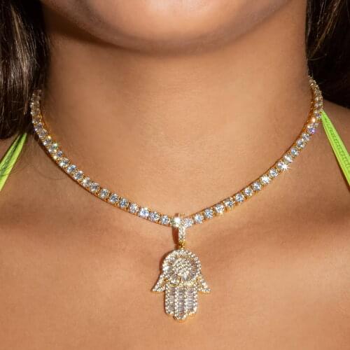 Iced out bling girl women jewelry 5A clear baguette cz paved hamsa hand Fatimas hand pendant iced necklace