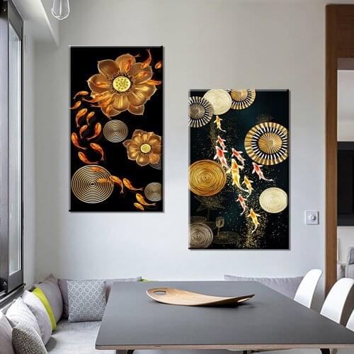 Chinese Style Koi Lucky Carp Canvas Painting Nordic Lucky Fish Golden Poster Entrance Home Decoration Picture Cuadros Wall Art