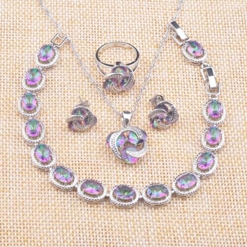 Classic Rainbow Zirconia Silver Color Jewelry Sets Womens Wedding Jewelry Necklace And Earrings Rings Bracelet Set