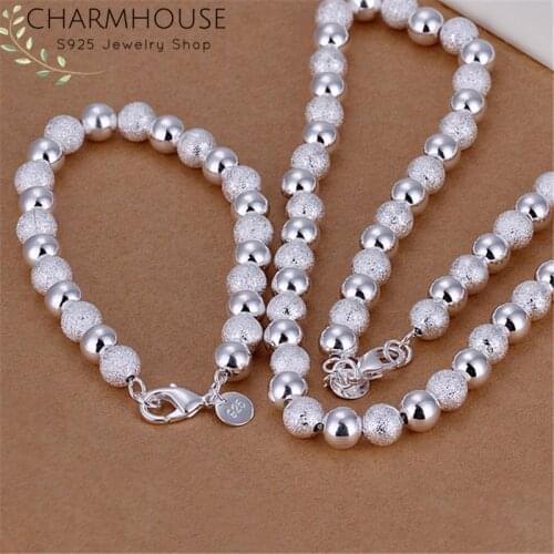 Charmhouse Silver 925 Jewelry Sets For Women 8mm Ball Bead Chain Necklace Bracelet Collier Pulseira 2pcs Jewelery Set Decoration