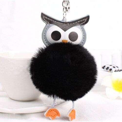 Cute Girls Fluffy Rabbit Fur Ball Pompom Owl keychain Women Pompon Nighthawk Key Chain On Bag Car Trinket Jewelry Party Gift