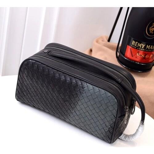 Men High Quality Luxury Woven Clutch Bags Cow Genuine Leather Purse Fashion Casual With Hand Strap Wallet Double Zipper Handbag