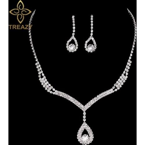 TREAZY Simple Bridesmaid Bridal Jewelry Sets Rhinestone Waterdrop NECKLACE+EARRINGS Women Wedding Jewelry Sets Prom Accessories