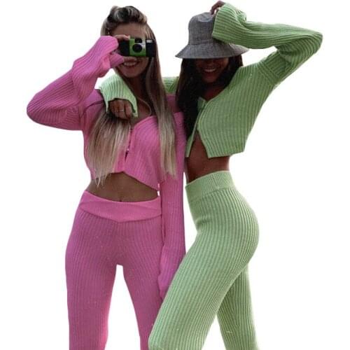 2020 autumn and winter new two-piece ins blended cotton zipper cardigan womens fashion high waist casual sweater suit women