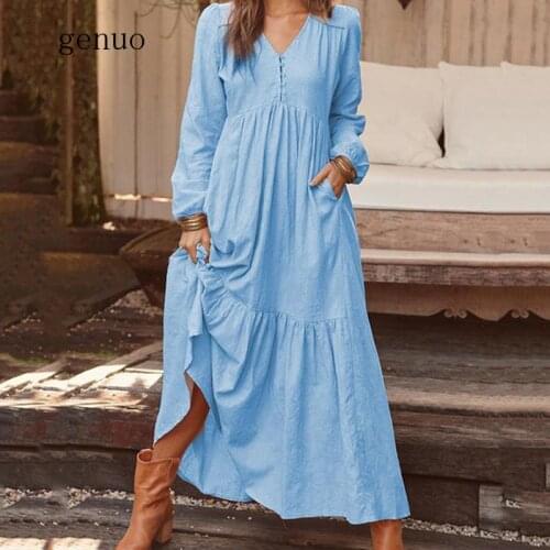 Autumn Women Dress Fashion Vintage Buttons Party Dress Casual Solid Long Sleeve V-neck A-Line Women Sexy Dresses
