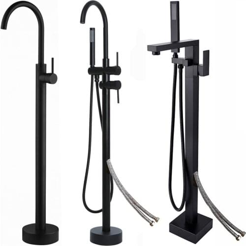Luxurious Wholesale Matt Black High Rise Round Spout Bath Mixer Tap Floor Mounted Bathtub Filler Shower Roman Tub Faucet Set