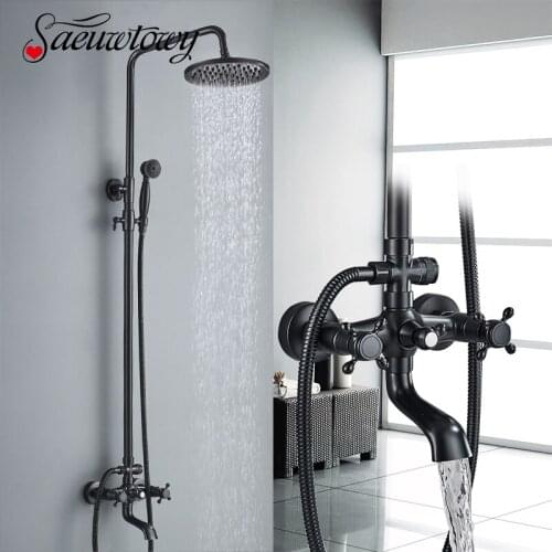 Luxurious Bathroom Shower Faucet Set Brass Rainfall 8" Shower Head Rotate Bathtub Faucet Dual Handles Hot Cold Water Mixer Tap