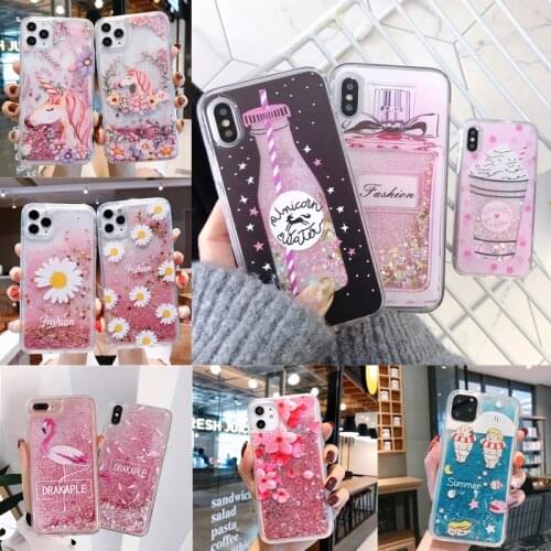 Liquid Quicksand Case For iPhone 12 mini 11 Pro X Xs Max XR 7 8 6 6s Plus Max SE 5 5s Cartoon Unicorn Flower Soft Silicone Cover
