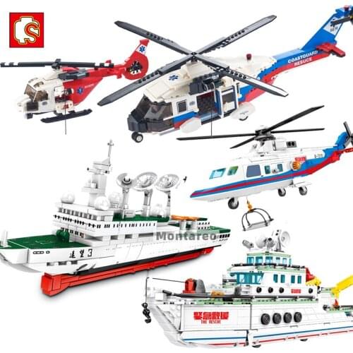 Sembo City MOC Rescue Ship Boat Helicopter Model Building Blocks Bricks Set Kid Educational Toys For Boys Girls Christmas Gift