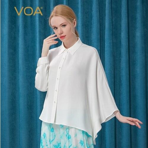 VOA Autumn Lapel Single-breasted Unilateral Shoulder Asymmetrical Long-sleeved Irregular Personality Silk Tops White Shirt BE239