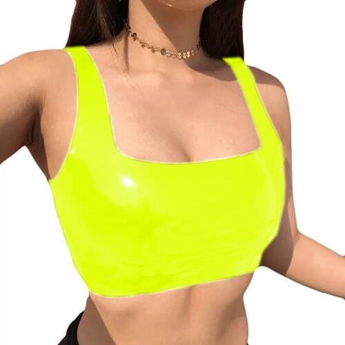 PU Crop Top Women Sexy Bodycon Vest PVC Solid Sleeveless Off Shoulder Summer top Vinyl Shiny Female Shirts cropped Tank tops