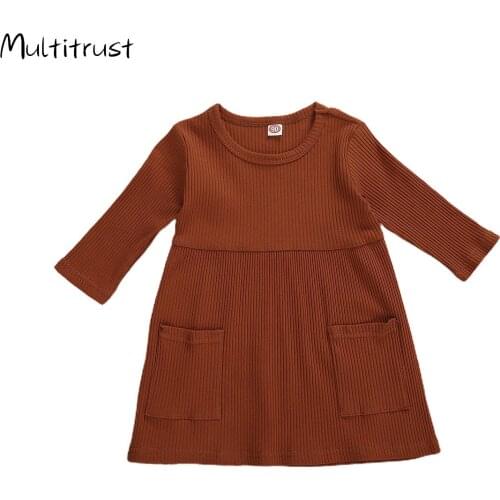 Spring Autumn Children Baby Girls Dress Ribbed Knitted Ruffles Dresses Princess Pocket Casual Dress Daily Kids Dresses For Girls
