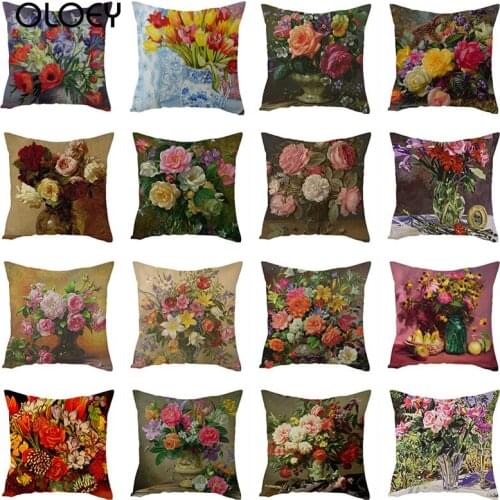 Vintage Oil Painting Flowers Cushion Cover European Retro Birds Flowers Art Cushion Cover Double Linen Pillow Case