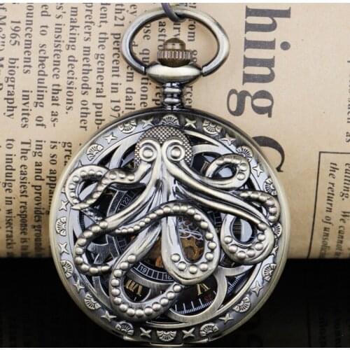 Vintage Octopus Hollow Half Mechanical Pocket Watch Steampunk Hand-Wind Flip Clock Fob Watch Chain Men Women Gift