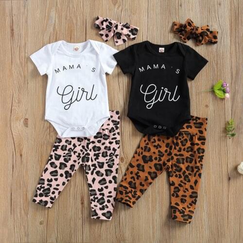 Wallarenear 0-18M Newborn Baby Girl 3Pcs Clothing Set Toddler Short Sleeve Letter Printed Romper Top Leopard Long Pant Headband