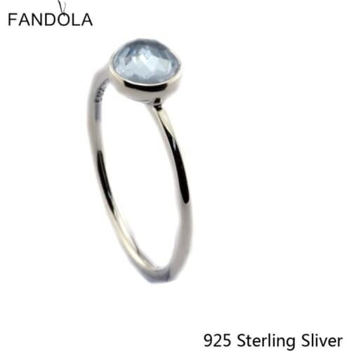 CKK 925 Sterling Silver March Droplet, Aqua Blue Crystal Rings Original Fashion European Style DIY Jewelry