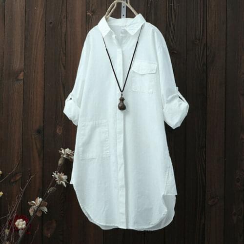 2019 Women Two Pocket White Shirt Female Blouse Tops Solid Long Sleeve Casual Turn-down Collar OL Style Women Loose Blouses
