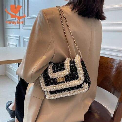 CAREY KAY Women Woolen Pearl Handbags Purses Korean Shoulder Bag Chain Crossbody Square Bag Fall Winter Luxury Designer Bag