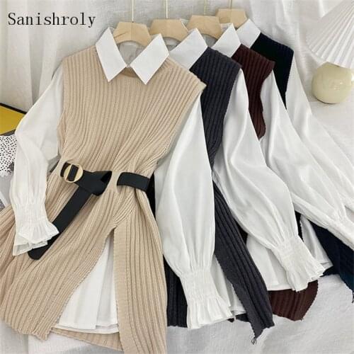 Two Piece Set Autumn Womens Suit Sleeveless Pullover Sweater Vest Sashes Knitted Waistcoat Female Long Sleeve Shirt Suits S1127