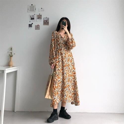 Korean Print Flowery Bohemian Long Dress Unif High Waist Dress Women Casual V-Neck Slim Mid Calf French Retro Dresses Female